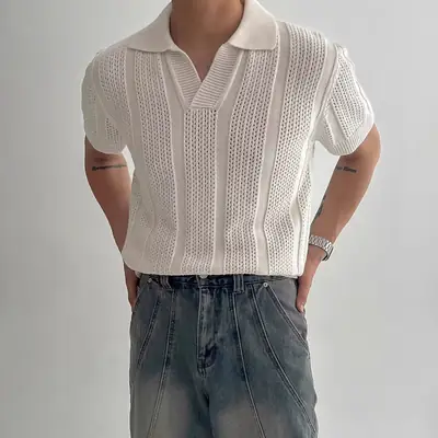 Men Navy Knit Hollow Polo Shirt Half Sleeve