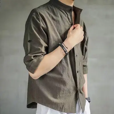 Men Linen Button-Up Shirt White Loose Casual