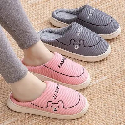 Pink Cotton Warm Slippers for Women Men Autumn Winter