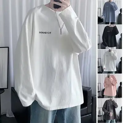 Men's Pink Long Sleeve T-Shirt Loose Crewneck Casual Wear