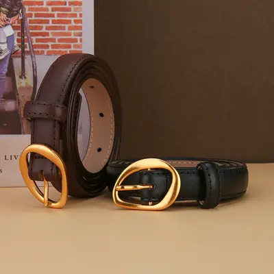 New Women's Brown Leather Belt with Gold Buckle