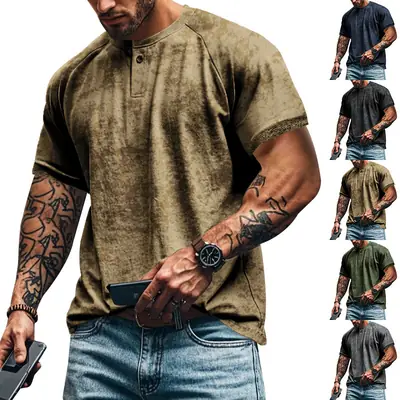 2025 Men's 2025 Retro Old Henry Collar T-Shirt Heavy Slim Raglan