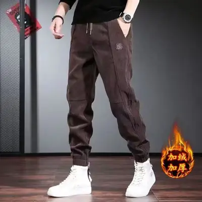 Men Fleece Pants Brown Loose Toe Winter 2024