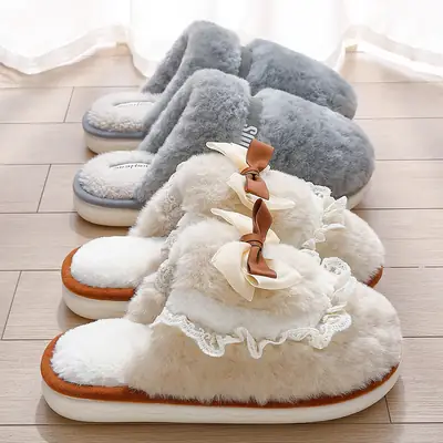 Bow Cotton Slip-on Women's Winter Warm Slippers