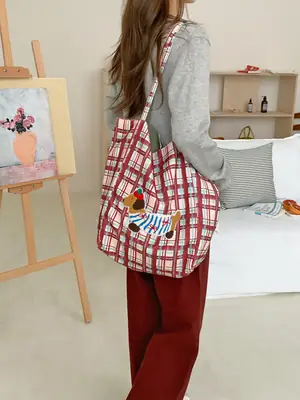 Puppy Plaid Tote Bag Blue Red Underarm Shoulder Bag
