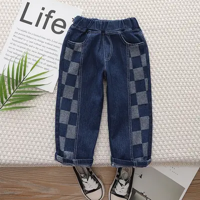 Boys Dark Blue Checkered Pants 2024 New Men