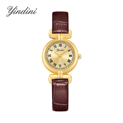 Yindini Women's Quartz Watch Black Brown Strap