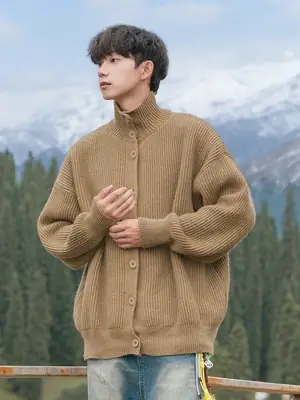 Men Japanese Retro Button Turtleneck Sweater Jacket Black Knit
