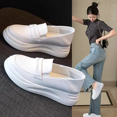 Women's White Slip-On Leather Loafers with Thick Sole