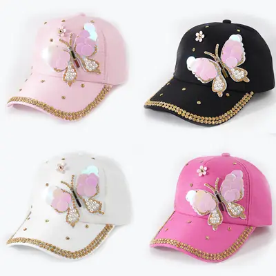 Women's Pink Butterfly Baseball Cap with Rhinestone & Pearl Decor