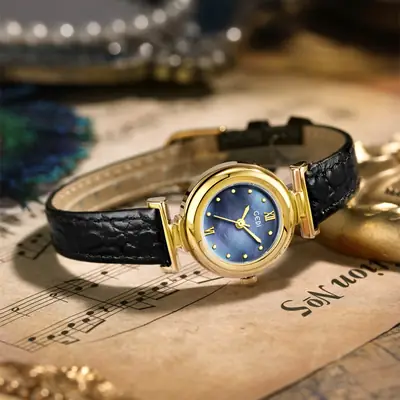 Gold Watch for Women with Blue Dial & Black Leather Belt