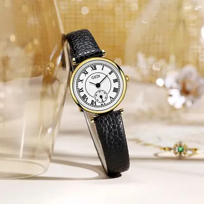 Women's Gold Quartz Watch with Black Leather Strap