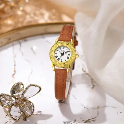 Gold Retro Embossed Women's Quartz Watch Brown Belt