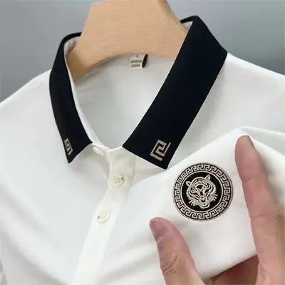 Men's Black Embroidered Polo Shirt Slim Fit Large