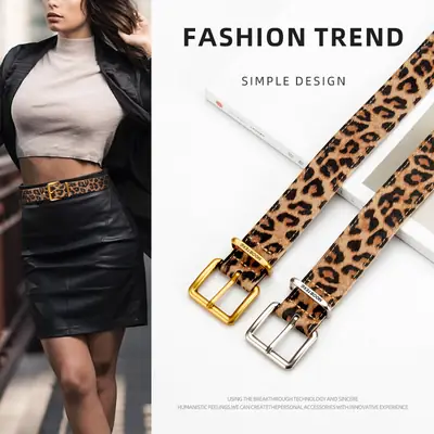 Women Leopard Print Genuine Leather Belt with Gold Buckle