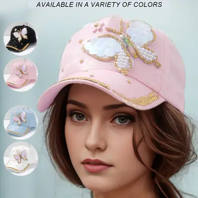 Women Pink Butterfly Pearl Cap with Chain & Rhinestones