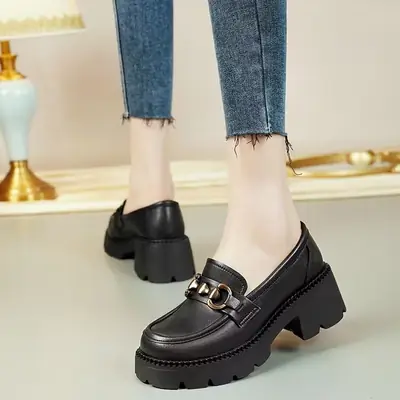 Women's Brown Leather Loafers with Thick Heel