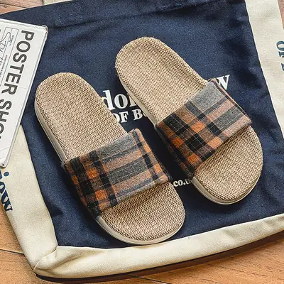 Plaid Cotton Linen Floor Slippers for Men Women