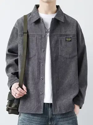 Men's Corduroy Plain Shirt Brown Long Sleeve Spring Autumn