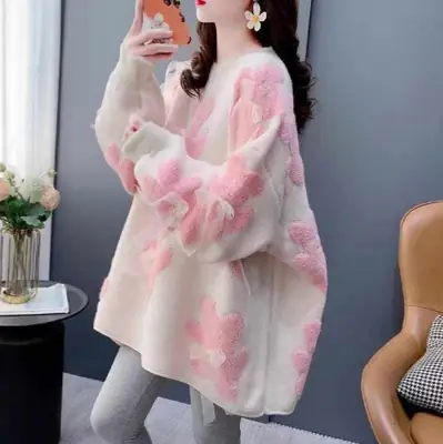 Red Knit Pullover Women's Lazy Style Round Neck Top