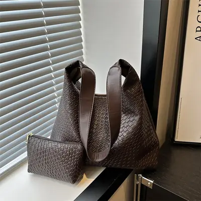Black Woven Shoulder Tote Bag with Underarm Pocket