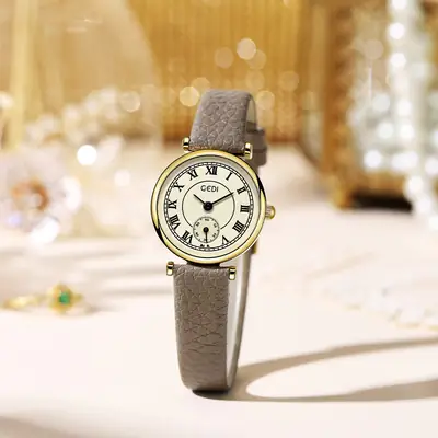 Women's Gold Quartz Watch with Black Leather Strap