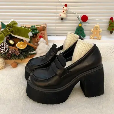 Black Thick Heel British Style Loafers 8cm
