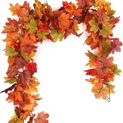 Amazon Fake Autumn Maple Leaf 5.7ft Christmas Wreath Hanging Vine
