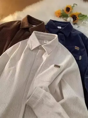 Men's Long Sleeve Corduroy Shirt Cream Spring Autumn Loose Fit