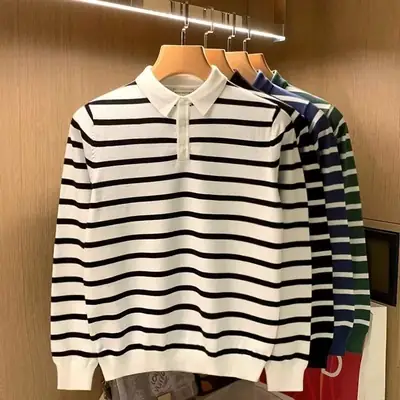 Men Blue Striped Polo Shirt Light Mature Style