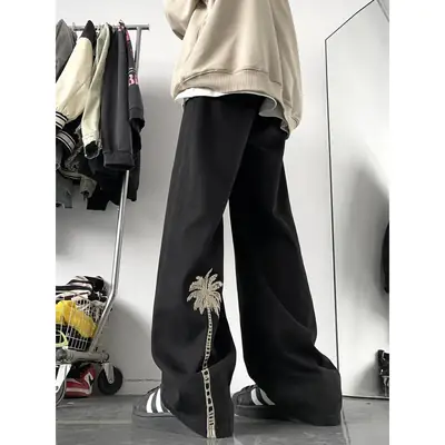 Men's Pure Black Embroidered Straight Pants Winter Ruffian Handsome