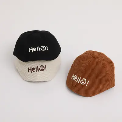 Children's Brown Ribbed Hat with "Hello!" Print