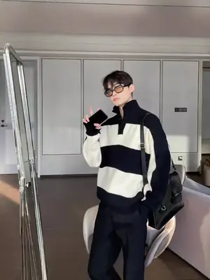 Men Striped Turtleneck Sweater Black Cream Loose Winter