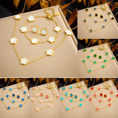 Golden Fourleaf Flower Necklace Set for Women