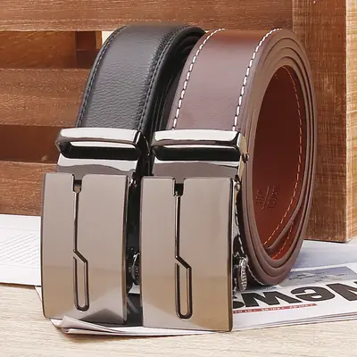 Men's Genuine Leather Belt Black Silver Buckle