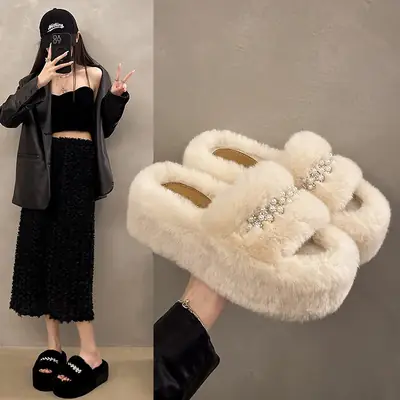 Foreign trade pearl 7CM thick-soled fluffy slippers outer wear 2024 new autumn and winter fairy wind plush cotton slippers women