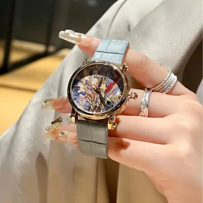 Women's Artistic Waterproof Quartz Watch with Peach Leather Strap