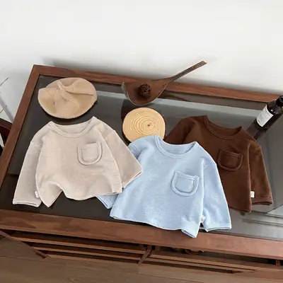Brown Cotton Round Neck Baby T-shirt for Spring Autumn