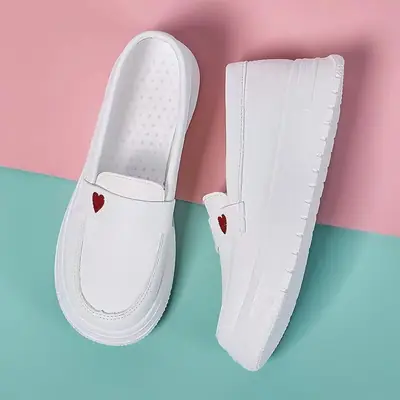 White Medical Nurse Slip-On Shoes with Heart Detail