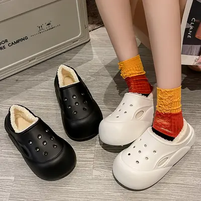 Women Winter Fleece Lined EVA Slippers Black White