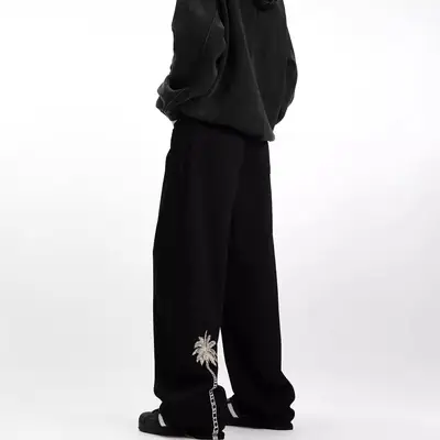 Men's Embroidered Black Straight Jeans Autumn Winter