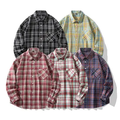 Men's Plaid Shirt Yellow Blue Loose Fit Casual