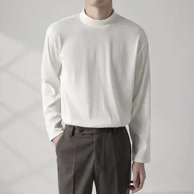Men's White Long Sleeve Half Collar T-Shirt
