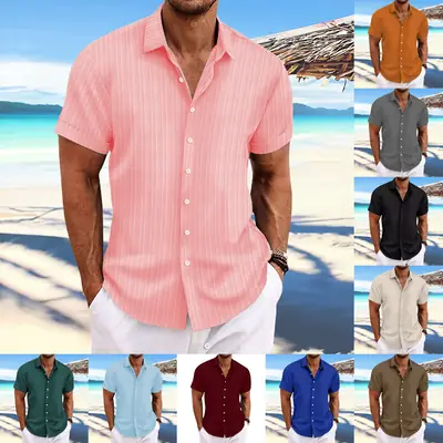 Men Cotton Linen Striped Short Sleeve Shirt Multi Color