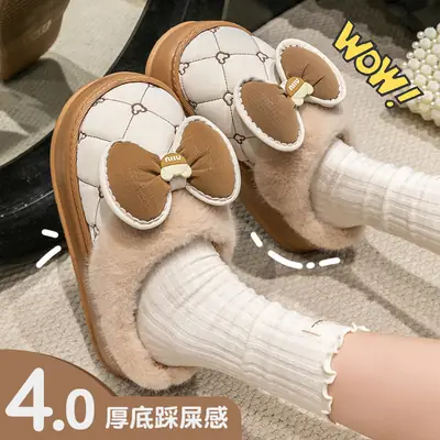 Bow Winter Cotton Slippers Women's Autumn and Winter Couple's Indoor Home Thickened Soft Bottom Fur Plush Slippers Men's