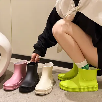 Women's PVC Rain Shoes Flat Solid Cream