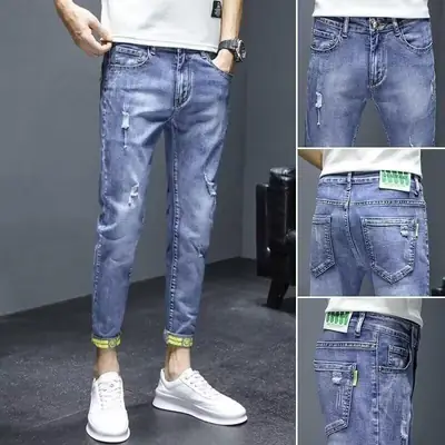 Men Blue Slim Hole Cropped Denim Pants