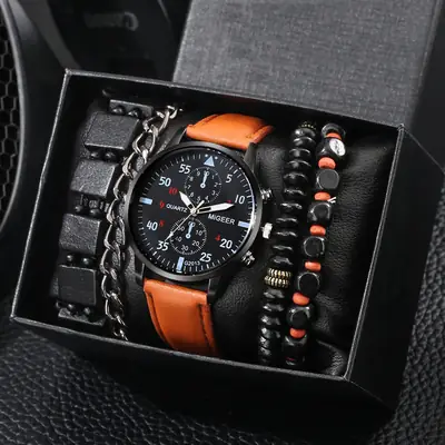 Men's Explosions Geneva Quartz Watch Set with Beaded Bracelet