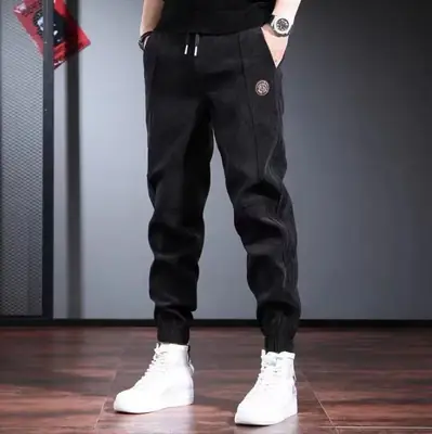 Men Black Fleece Casual Pants Warm Thick Sports Pants