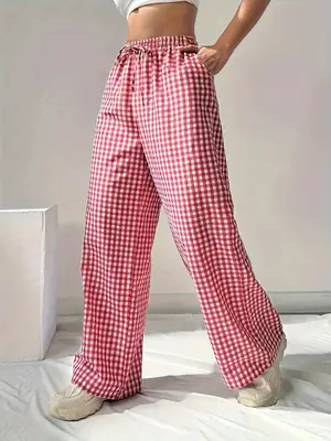 Women's 2025 Plaid Wide Leg Pants Pink Loose Casual